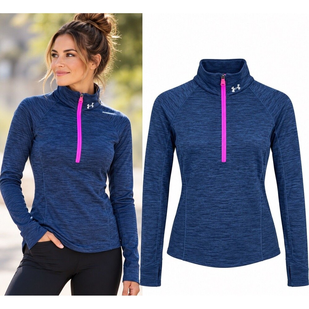 Under Armour Womens L Blue Pink 1/2 Zip Pullover Running Training Thumbholes